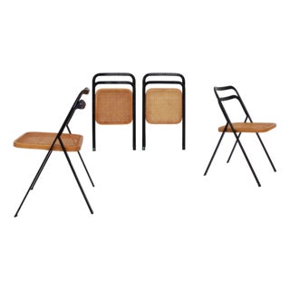 Vintage Italian Folding Chairs in Vienna Straw and Metal by Giorgi Cattellan for Cidue, 1970s, Set of 4 For Sale