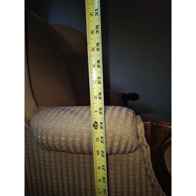 Antique Upholstered Wingback Armchair With Carved Wood Arms For Sale - Image 15 of 15