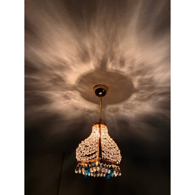 Vintage French Empire Brass & Crystal Pendant Light With Aqua Blue Drops - Pair Restored For Sale - Image 18 of 18