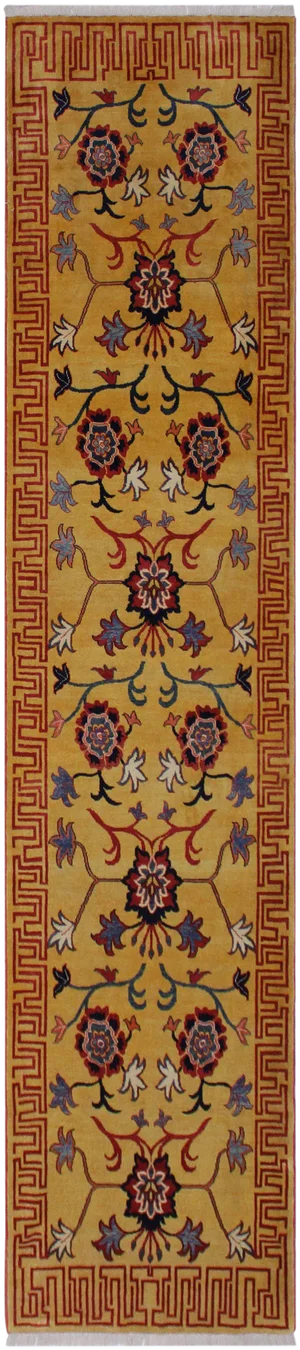 1990s Shabby Chic Gold/Red Hand-Knotted Wool Rug - 2'11 X 10'1