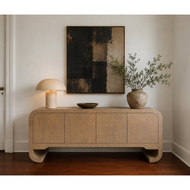Vintage Karl Springer Style Grasscloth Sideboard A beautifully sculptural vintage grasscloth-wrapped sideboard featuring...