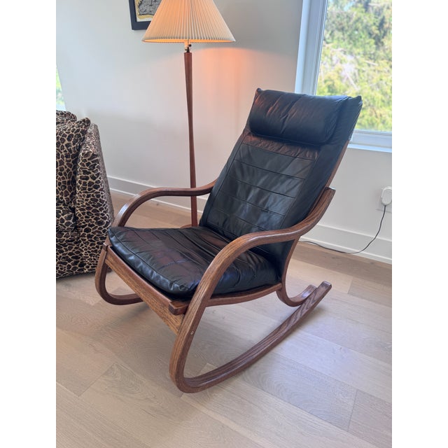 Black 1970s Mid-Century Modern Rocker With Wood Base and Leather Seat For Sale - Image 8 of 10