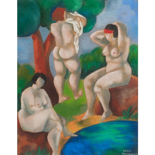 Green Nude Women Bathers Pastel Painting by Catherine Bres-Rhocanges, Late 20th Century For Sale - Image 8 of 14