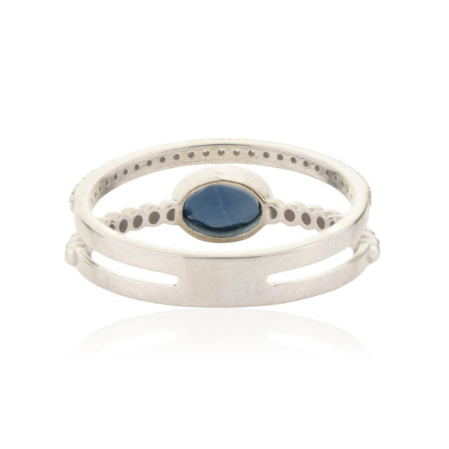 Ink Blue 14k Gold Modern Blue Sapphire & Diamond Beaded Double Band Ring Size 6 For Sale - Image 8 of 14