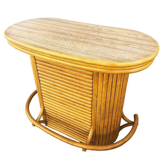 Mid-Century Modern 1950s Restored Mid-Century Vertically Stacked Oval Top Rattan Bar W/ Foot Rest For Sale - Image 3 of 7
