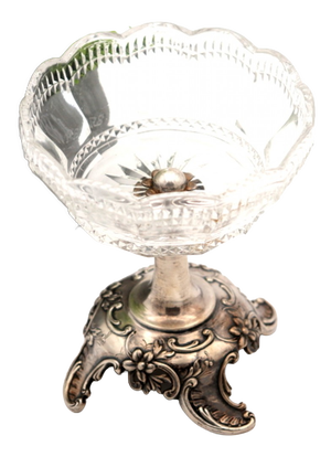 Cut Glass Candy Box with Silver Base and Floral Reliefs