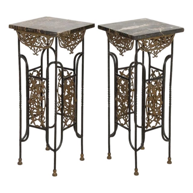Brandt Style Wrought Iron & Marble Pedestals, Pair For Sale