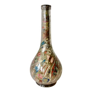 1950s Cigar Band Decoupage Folk Art Glass Bottle Vase For Sale