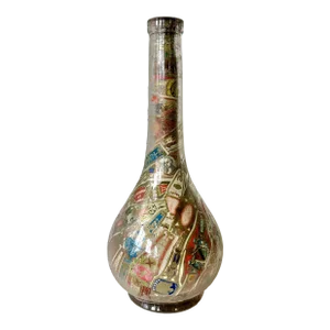 1950s Cigar Band Decoupage Folk Art Glass Bottle Vase