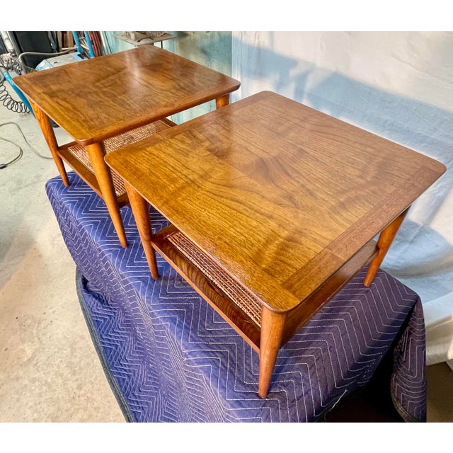 Altavista Lane Mid 20th Century Lane Walnut MCM End Tables With Caned Shelves For Sale - Image 4 of 12