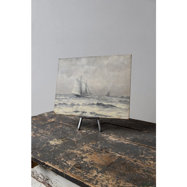 Vintage Steely Seascape Painting on Board, Signed by the Artist, Circa Mid-20th Century For Sale - Image 14 of 14