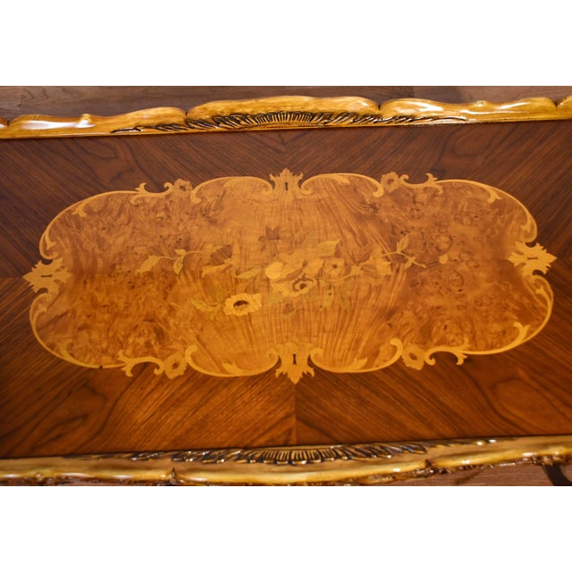 1930 French Walnut & Satinwood Inlay Carved Cherubs Hand Painted Coffee Table For Sale - Image 4 of 11