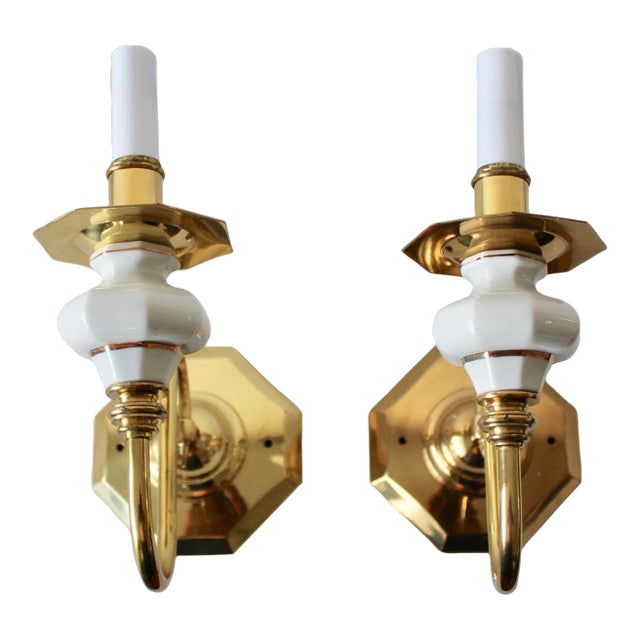 Brass Wall Sconces Genuine White Porcelain 24k Gold Trim Detail Vintage Mid Century-A Pair For Sale