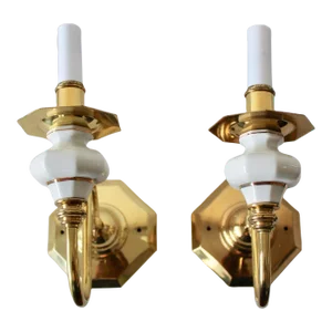Brass Wall Sconces Genuine White Porcelain 24k Gold Trim Detail Vintage Mid Century-A Pair