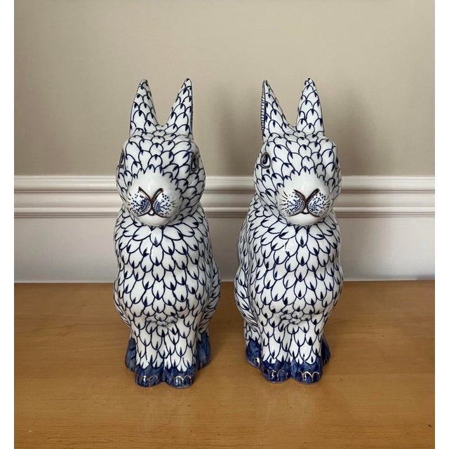 Late 20th Century Large Herend-Style Fishnet Bunny Rabbit Figurines Blue Hand Painted, a Pair For Sale - Image 4 of 9