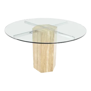 Italian MCM Travertine Hexagon Base Round Glass Top Dining Dinette Table