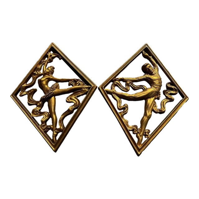 Vintage Pair of Gold Syroco Figurative Wall Hangings For Sale