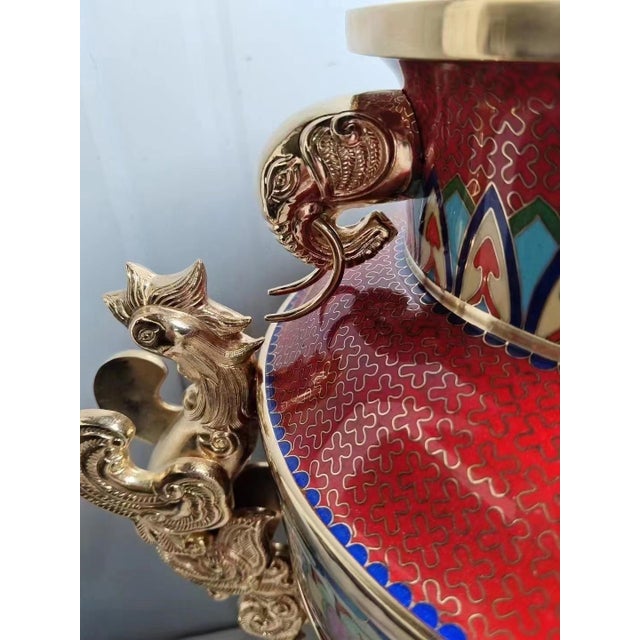 Mid 20th Century Monumental Chinese Cloisonné Peace Vase | Master-Designed Gilt Dragon Handles With Box For Sale - Image 5 of 12