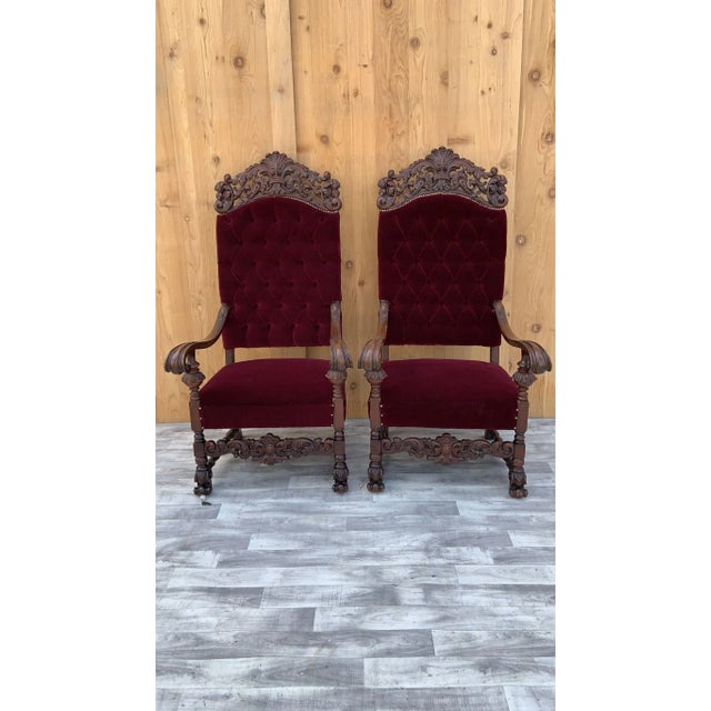 Antique French Regency Style Ornate Caved Walnut Throne Chairs Newly Reupholstered in a Burgundy Mohair - Pair For Sale - Image 4 of 13