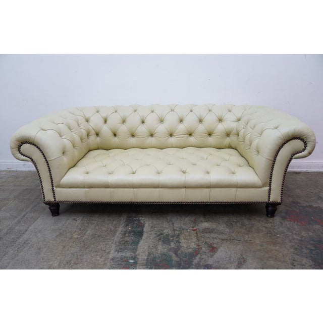 George Smith Light Green Leather Chesterfield Sofa w/ Nailheads 84" W x 40" D x 28" H