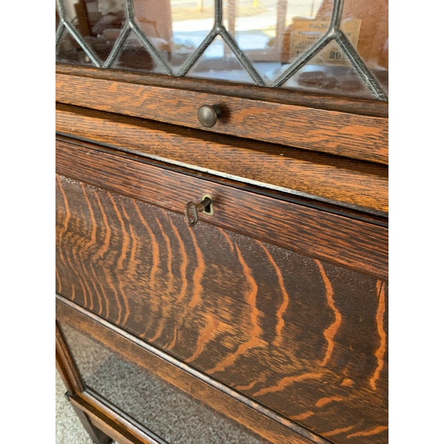 Antique Globe Wernicke Barrister Bookcase Quartersawn Oak W/ Drop Front Secretary Desk + Leaded Glass For Sale - Image 12 of 18