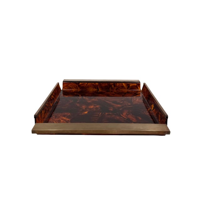 Brown Hollywood Regency Brass and Tortoiseshell Acrylic Tray, Italy, 1970s For Sale - Image 8 of 12