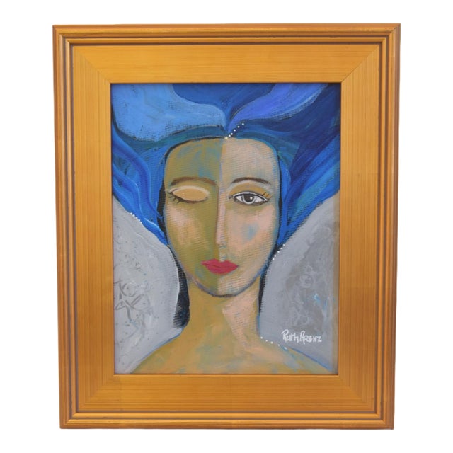 Original French Mademoiselle W/ Long Blue Hair Portrait Painting With Antiqued Gold Wood Frame For Sale