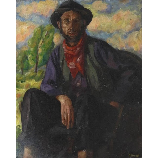 Green Vintage Continental Working Man Portrait Painting For Sale - Image 8 of 8