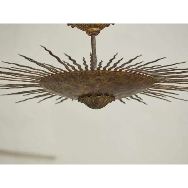 Gold Mid 20th Century Spanish Midcentury Gilt Metal Sunburst Chandelier with Wavy Rays For Sale - Image 8 of 12