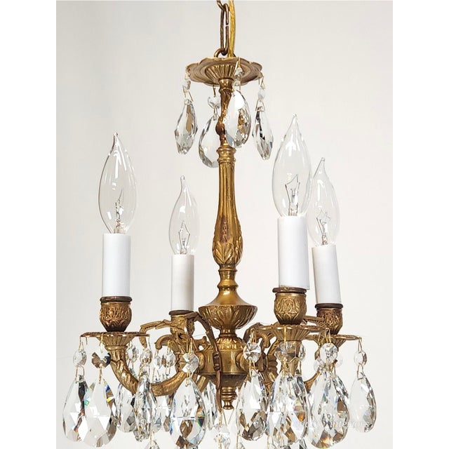 Brass Antique 4 Arm 4 Light Glowing Graceful Brass Cut Lead Glass Crystal Chandelier ~ 4 Available For Sale - Image 8 of 11