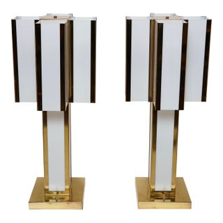 Mid 20th Century Mid-Century Modern Italian Brass and Ivory Table Lamps in the Style of Romeo Rega - a Pair For Sale