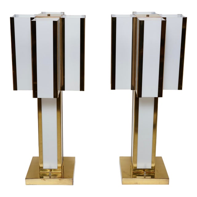 Mid 20th Century Mid-Century Modern Italian Brass and Ivory Table Lamps in the Style of Romeo Rega - a Pair For Sale