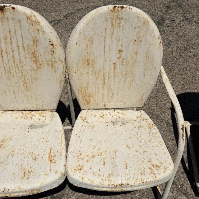 Early 20th Century Vintage Art Deco Steel Metal Clam Shell Double Seat Porch Patio Loveseat - Pair For Sale - Image 5 of 18