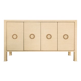 Matthew Izzo Home Rue Natural Grasscloth Four Door Buffet With Antique Brass Hardware For Sale
