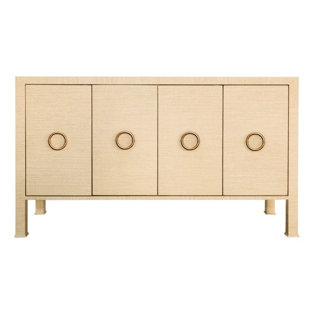 Matthew Izzo Home Rue Natural Grasscloth Four Door Buffet With Antique Brass Hardware For Sale