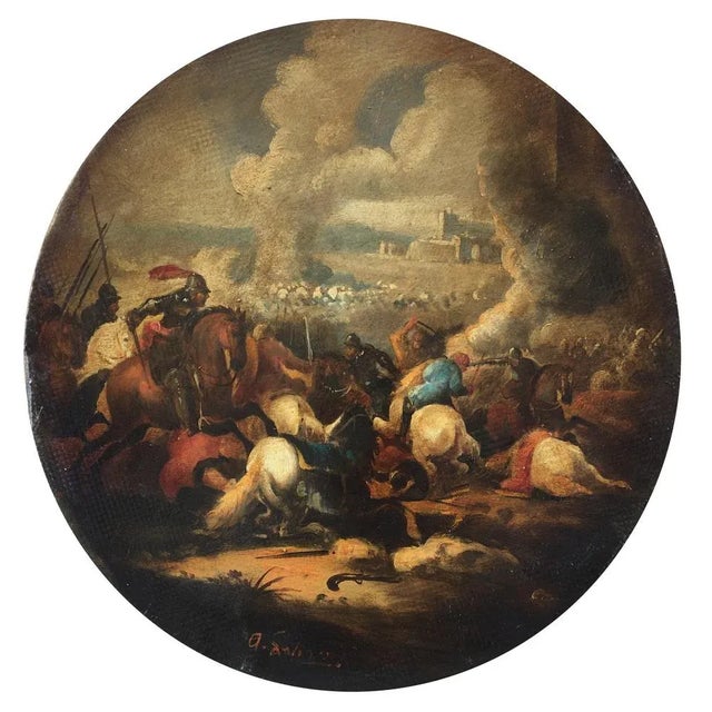 Land Battle - Antonio Savisio, Italy, 2006 - Oil on canvas diam. cm. 30 Gold leaf gilded and laquered wooden frame cm....