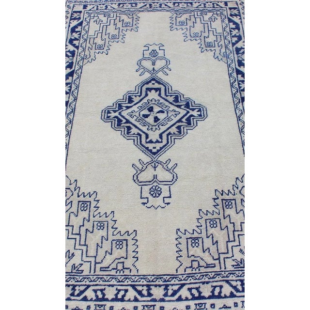 Vintage Turkish Oushak Rug Featuring Deep Indigo and Ivory Geometric Medallion For Sale - Image 9 of 12