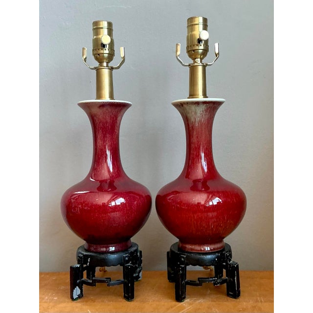 Maroon Vintage Sand De Bouf Glazed Ceramic Lamps - A Pair For Sale - Image 8 of 12