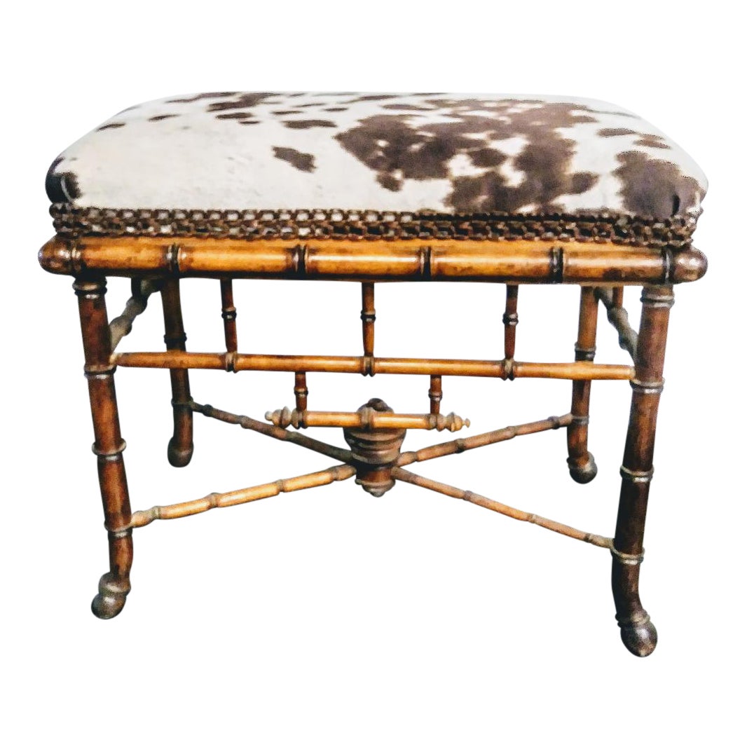 Vintage Bamboo Faux Cowhide Footstool Chairish