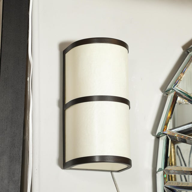 Late 20th Century Pair of Modernist Sconces in Vellum & Oil Rubbed Bronze Signed John Wigmore For Sale - Image 5 of 12