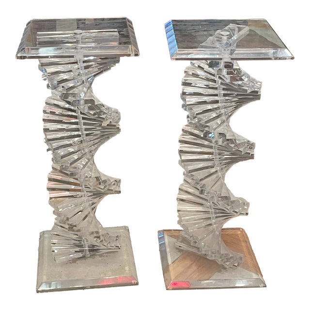 Mid Century Modern Pair Shlomi Haziza Stacked Lucite Helix Spiral Pedestals For Sale