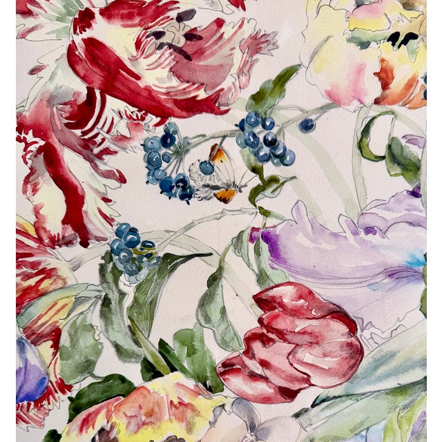 Large Floral Still Life Watercolor Painting With Butterflies, 1989, Modern Frame For Sale - Image 11 of 18