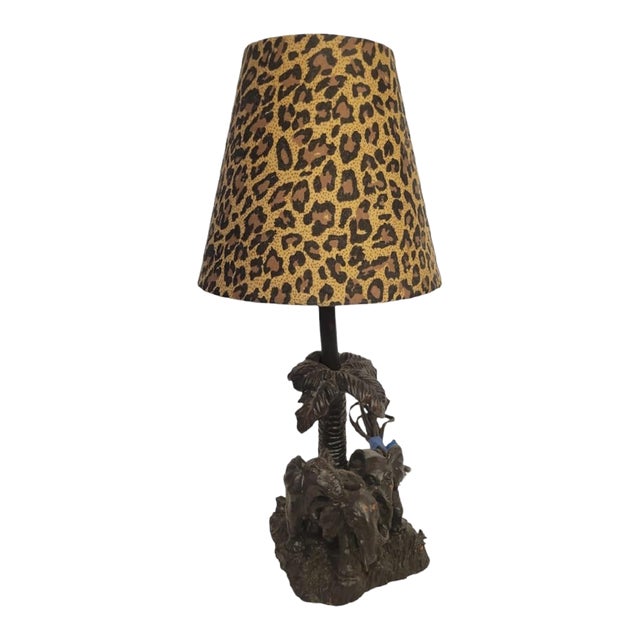 Small Vintage Tropical Elephant Palm Tree Leopard Shade Maitland Smith Style Table Lamp For Sale