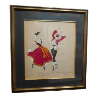 Costume Sketch French Dated 1957 For Sale