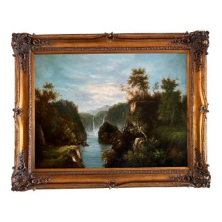 Antique Signed Berger Ornate Gold Gilt Frame Landscape Waterfall Oil Painting For Sale