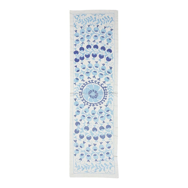 20x71 in Embroidered Table Runner. Cotton Wall Hanging. Light Blue Wall Decor For Sale