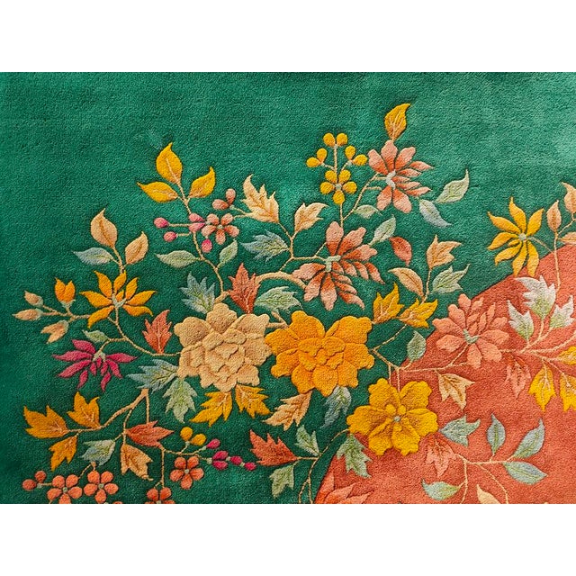 1920s Orange Open Field Floral Modern Antique Chinese Art Deco Knotted Wool Rug For Sale - Image 11 of 11