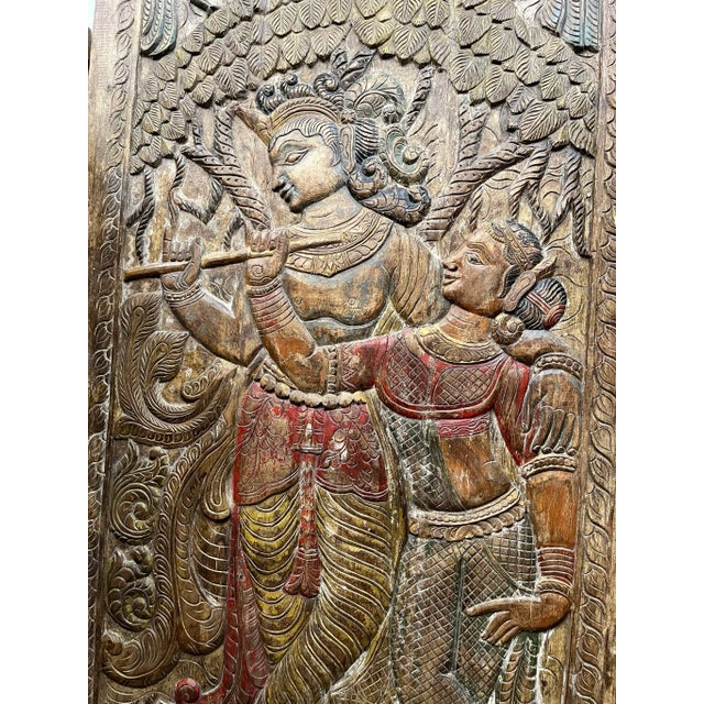 Vintage Radha Krishna Carved Wall Panel – Colorful Indian Art Barn Door Décor 96x40 For Sale - Image 4 of 10