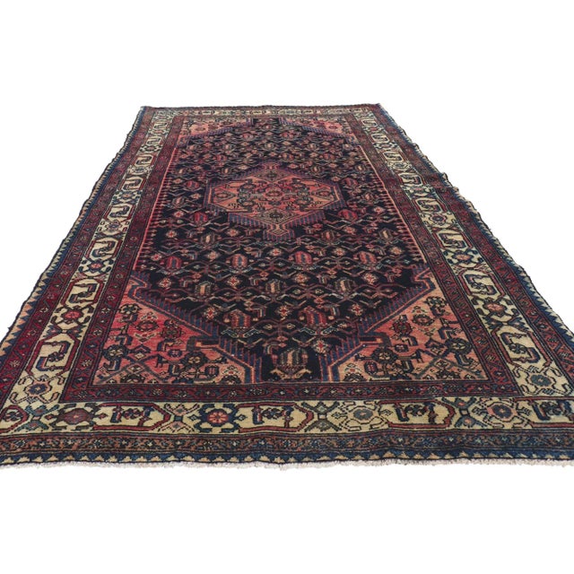 Navy Blue Early 20th Century Antique Persian Hamadan Rug, 04'05 X 08'03 For Sale - Image 8 of 11