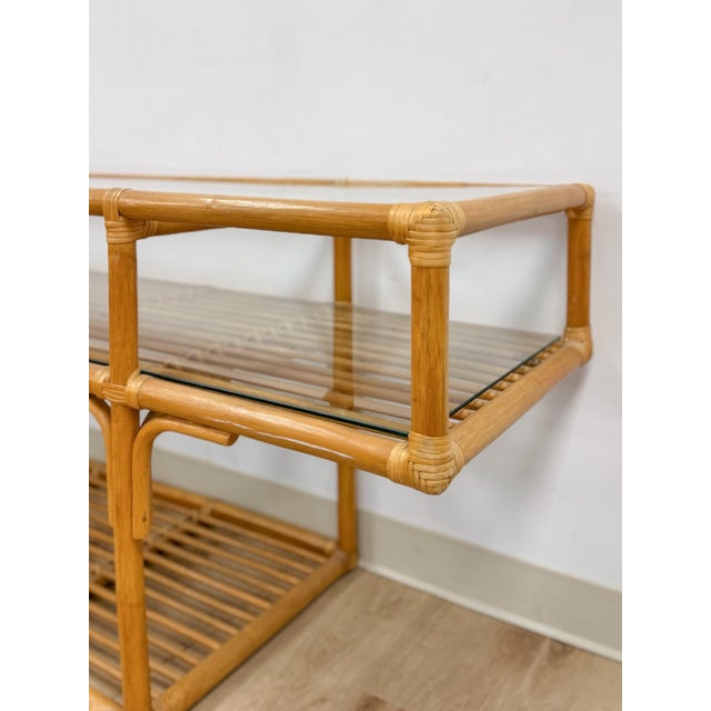 Mid 20th Century Vintage Console Table Rattan Two-Tier Glass Top Coastal Entryway Sofa Table Rare For Sale - Image 5 of 13